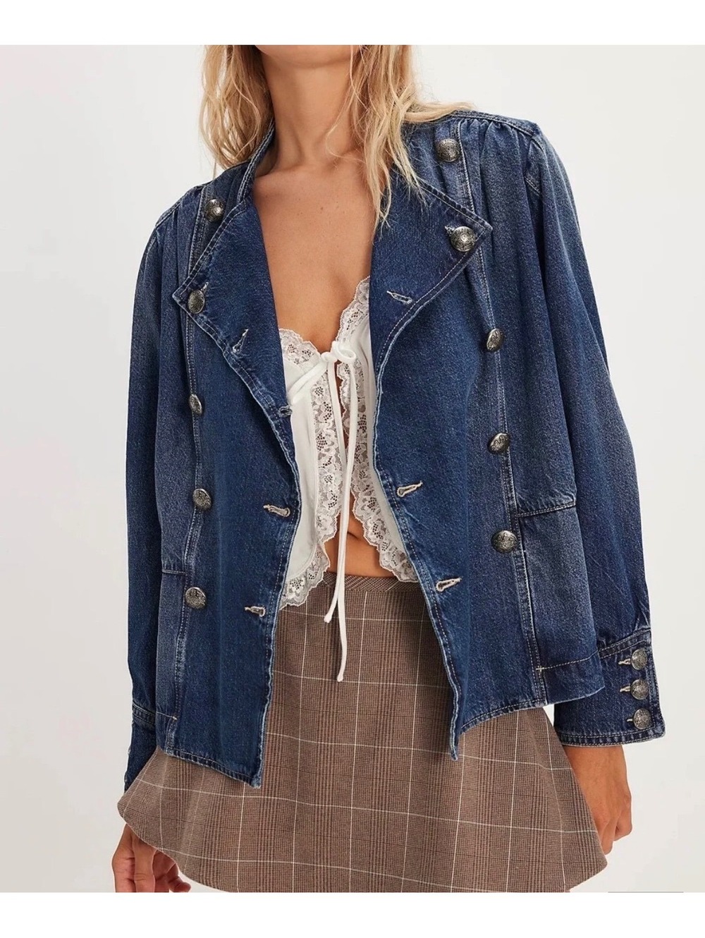WE THE FREE Denim Imogene Double Breasted Military Denim Jacket Large BOHO CHIC